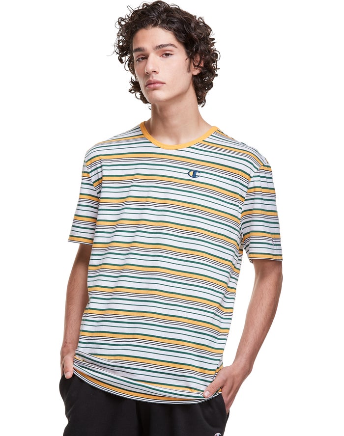 Champion Herre T-Shirts Hvide/Gul - Yarn-Dye Stripe C Logo - Danmark VNP-364158